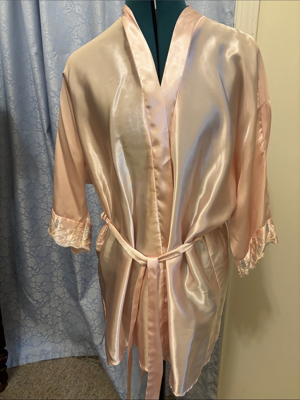 delicates Blush Satin Kimono Robe with Lace Cuffs